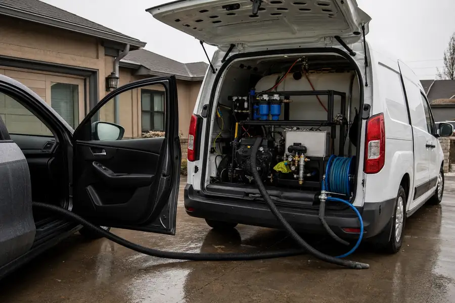Mobile detailing van parked in driveway with extraction hose running into vehicle