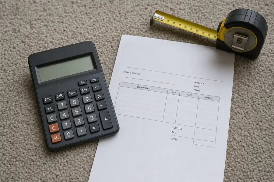 Calculator and a home service invoice lying on carpeted floor next to a tape measure
