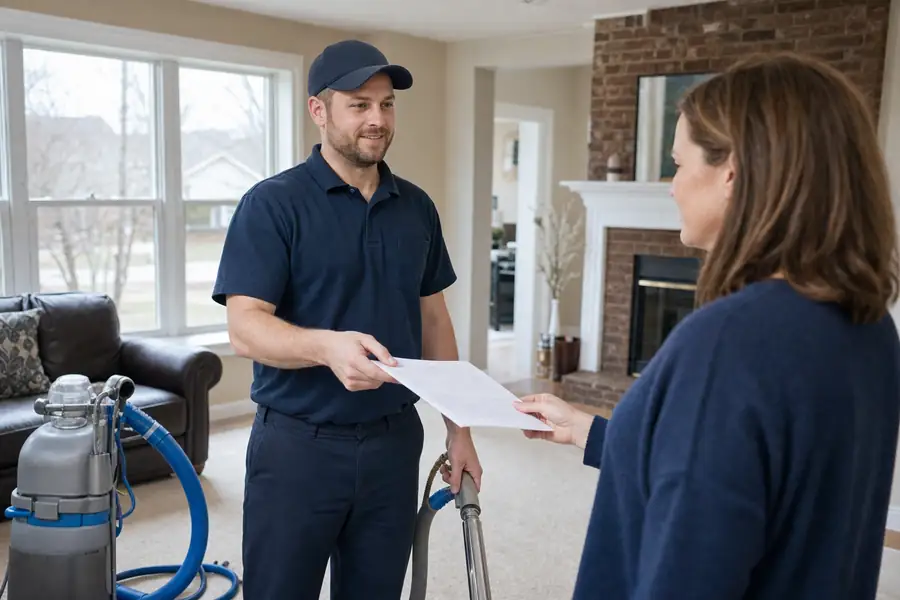 Carpet cleaning technician handing a written estimate to a homeowner in a bright living room