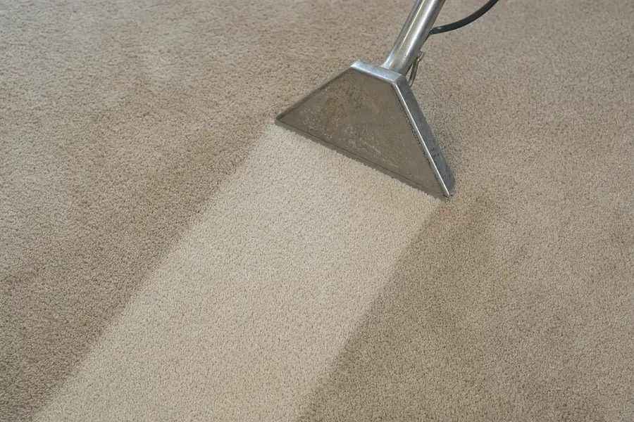 Hot water extraction wand cleaning a dirty beige carpet showing a visibly cleaner strip