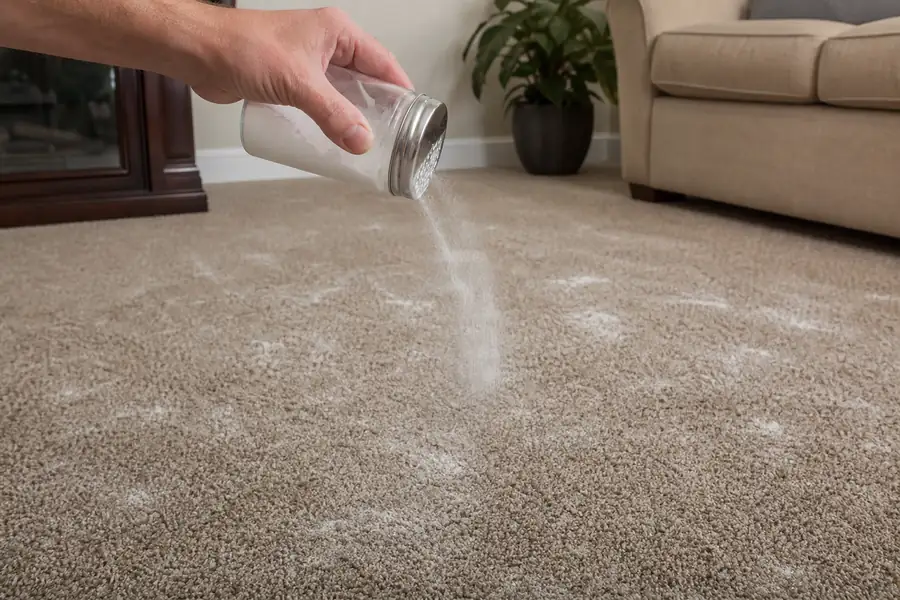 Person sprinkling baking soda evenly over living room carpet from a shaker jar