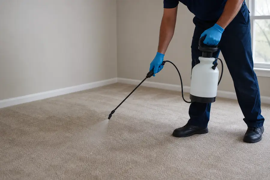 Professional applying deodorizing treatment to carpet with a pump sprayer