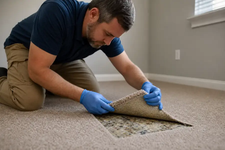 Technician lifting a carpet edge to inspect the padding underneath for odor damage
