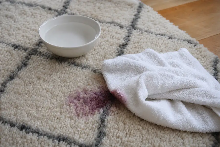 Gently blotting a spill on a wool rug with a white towel beside a bowl of cold water