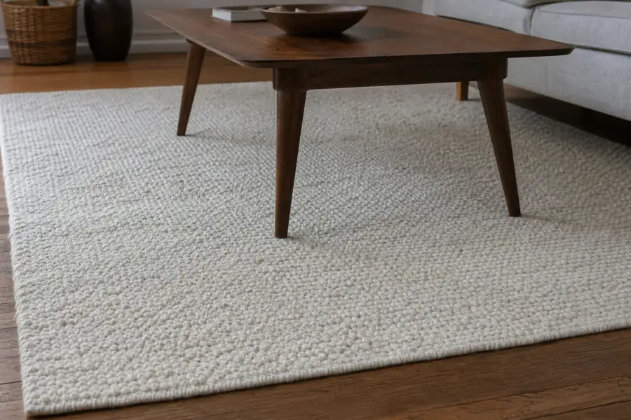 Handwoven cream wool area rug under a mid-century coffee table