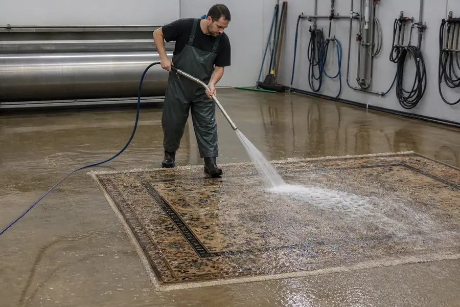 Rug cleaning technician rinsing a wool area rug in a professional wash room