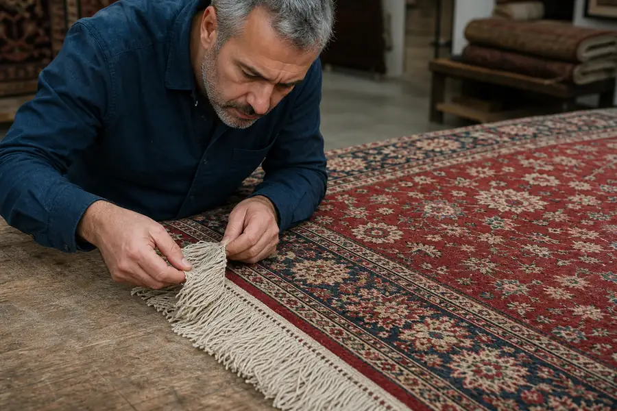 Rug specialist inspecting the fringe and pile of a wool rug on a worktable