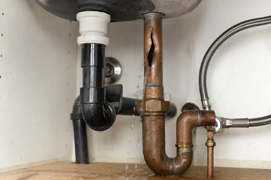 Burst copper pipe under a kitchen sink dripping water into the cabinet