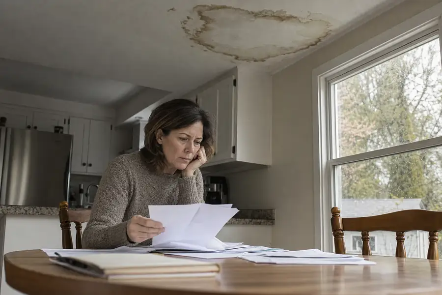 Homeowner reviewing documents at a kitchen table beneath a visible ceiling water stain