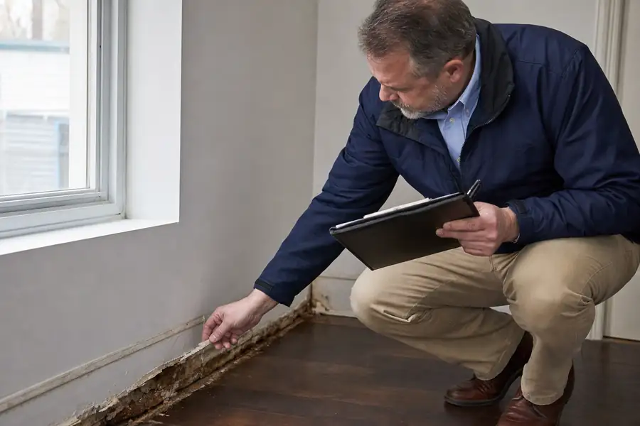 Insurance adjuster with a clipboard inspecting water-damaged baseboards