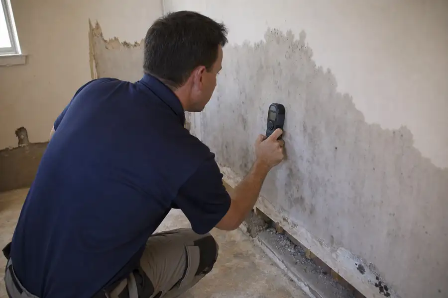 Restoration technician using a moisture meter on a wet drywall wall