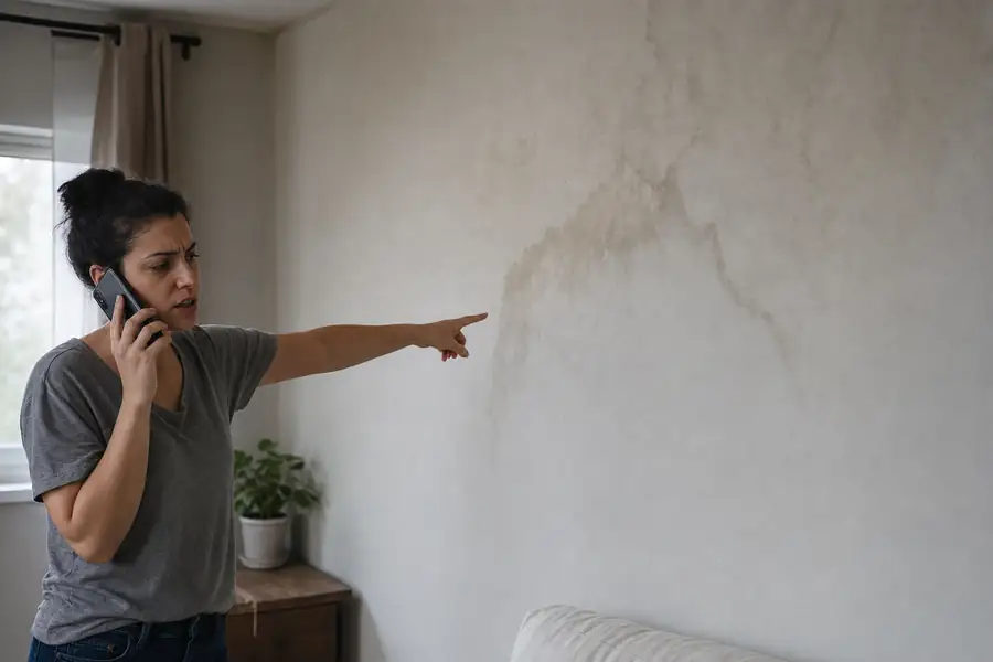 Tenant on the phone pointing at a water stain spreading across an apartment wall