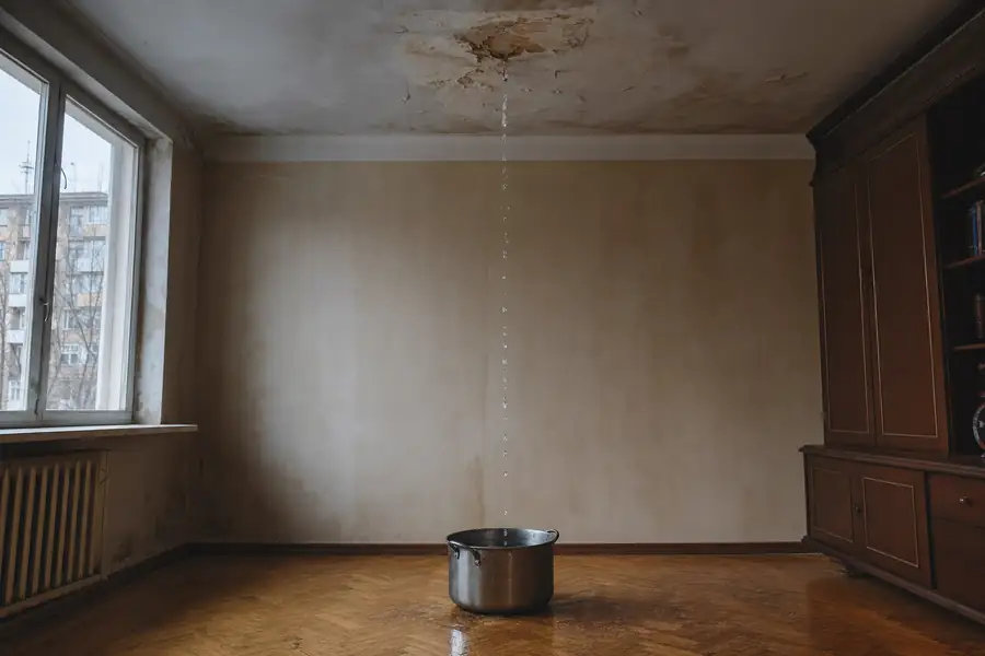 Water dripping from an apartment ceiling into a metal pot on the floor