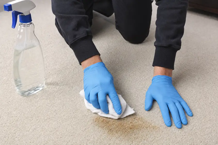 Gloved hands blotting a carpet stain with a white cloth next to a spray bottle of cleaning solution
