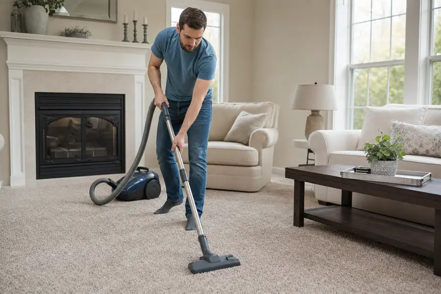 Person vacuuming a plush beige living room carpet in slow overlapping rows, bright daylight