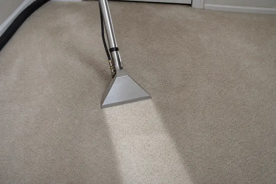 Professional technician deep cleaning carpet with a hot water extraction wand, one visibly cleaner stripe