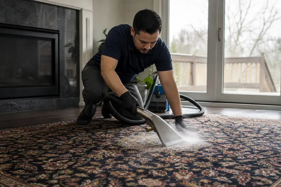 IICRC-certified technician steam cleaning an oriental area rug in a home