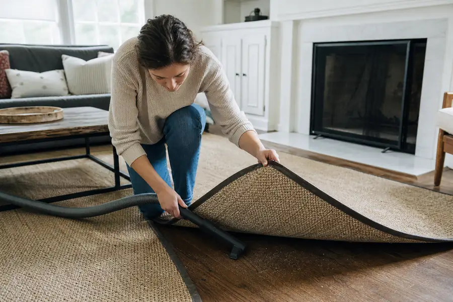 Person vacuuming the underside of a flipped-over area rug in a living room
