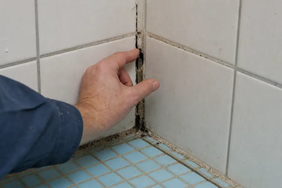 Technician inspecting crumbling, stained grout lines in a shower corner