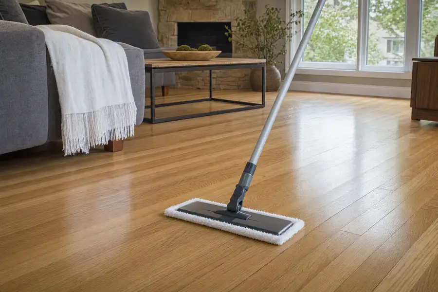 Sunlit living room with gleaming oak hardwood floors and a flat microfiber mop
