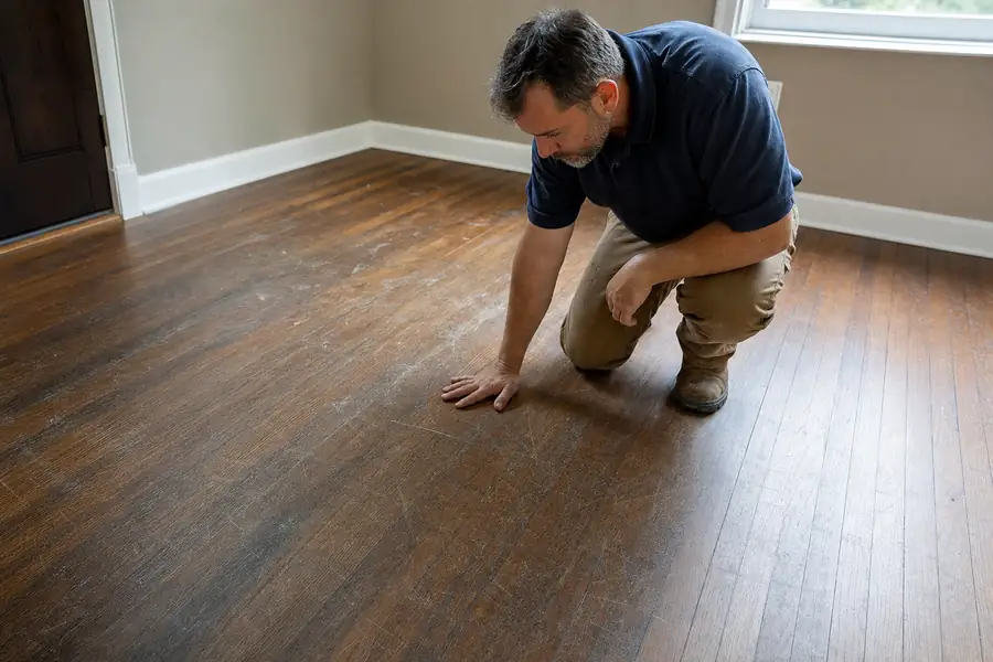 Technician inspecting a dull, scratched hardwood floor before a professional cleaning
