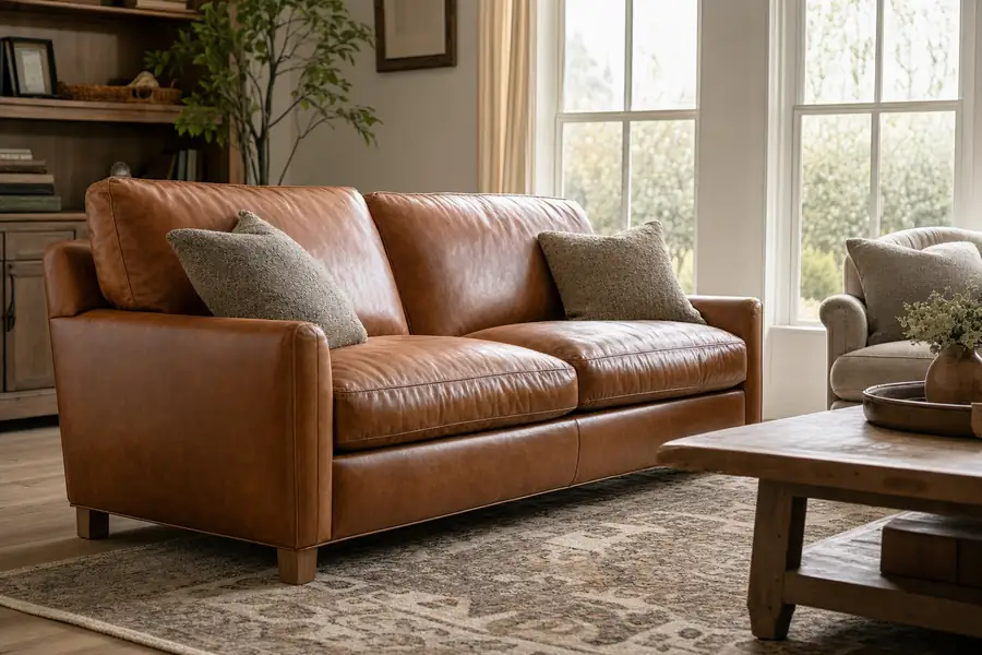Elegant cognac brown leather couch in a sunlit living room