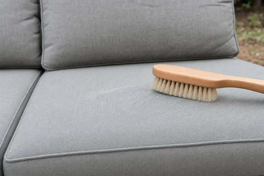 Brushing a cleaned microfiber couch cushion with a soft bristle brush to restore the texture