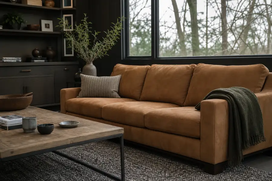 Camel-colored suede sofa with a soft napped texture in a stylish den