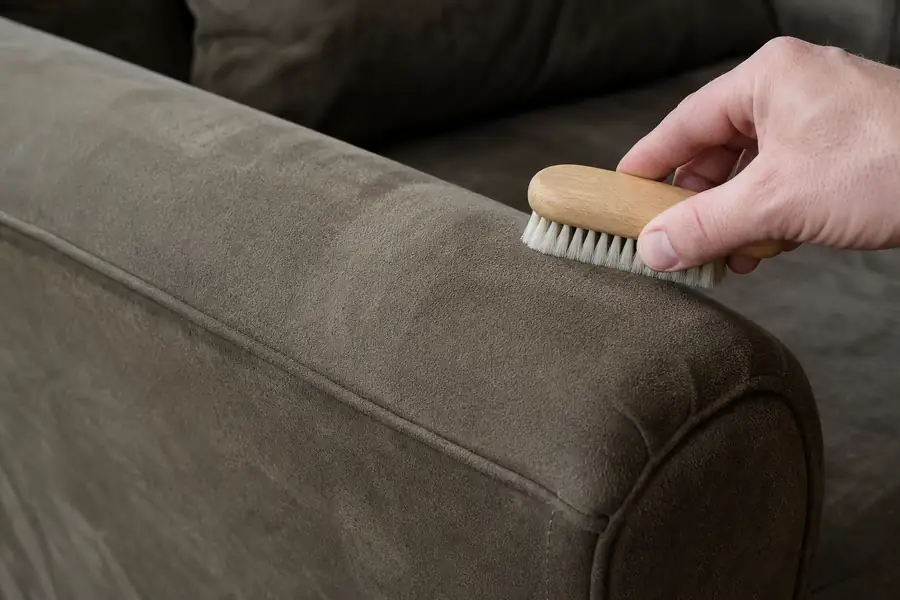 Hand brushing a suede couch arm with a suede brush to restore the nap
