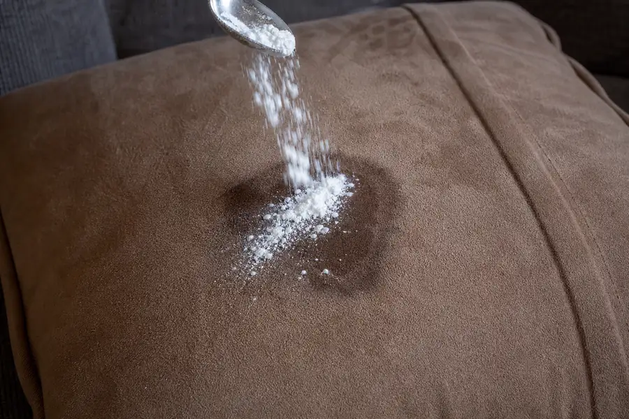 Sprinkling cornstarch over a grease spot on a suede cushion