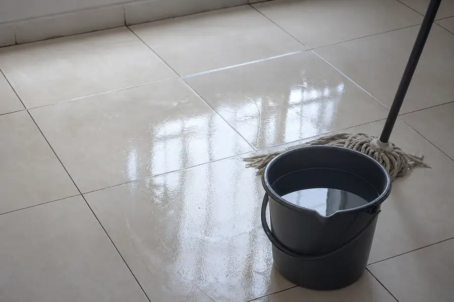 Bucket of clear cleaning solution and a wrung-out mop beside glossy ceramic tiles