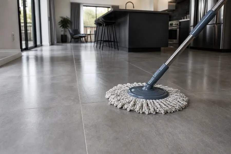 Spin mop gliding across a large gray porcelain tile floor in an open kitchen