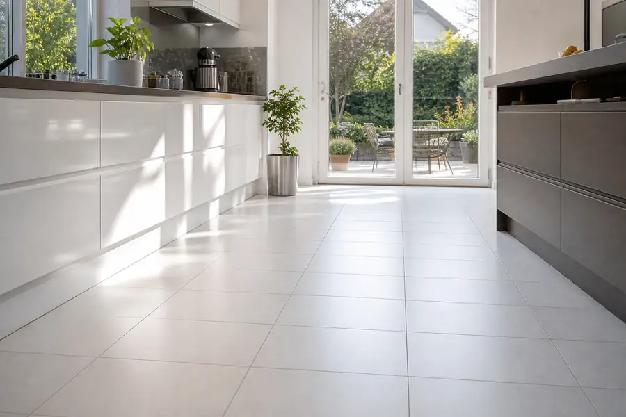 Sunny kitchen with a spotless white tile floor and clean grout lines