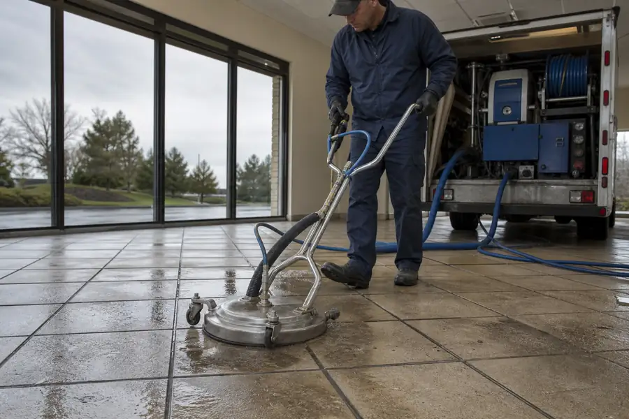 Technician using truck-mounted equipment to deep clean grout lines on a tile floor