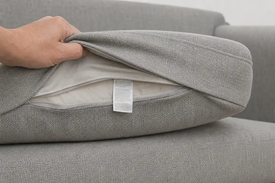 Hand lifting a couch cushion to reveal the sewn-in fabric care tag