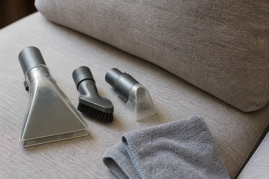Upholstery cleaning brush attachments and a soft cloth laid beside a fabric sofa cushion