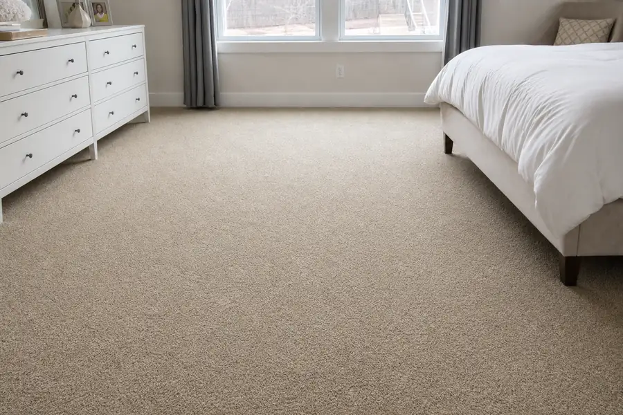 Clean spotless beige carpet in a bright, airy bedroom after stain removal