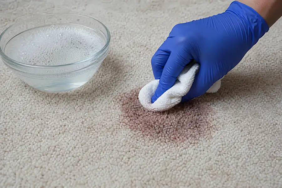 Gloved hand dabbing a carpet stain with a white cloth beside a bowl of cold soapy water