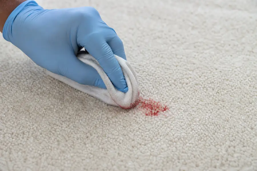 Gloved hand dabbing a paint spot on carpet with a cloth dampened in soapy water