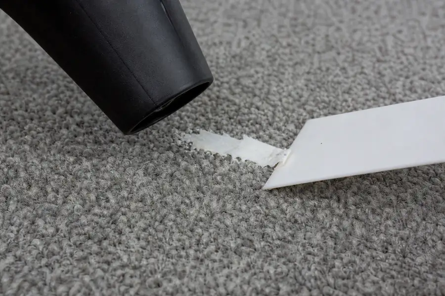 Hair dryer softening a dried paint drip on carpet while a plastic scraper lifts the edge