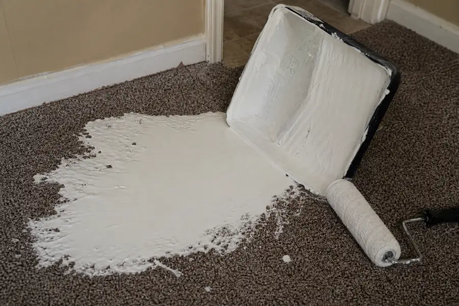 Tipped paint tray with white latex paint spilled on brown carpet during a DIY room paint job