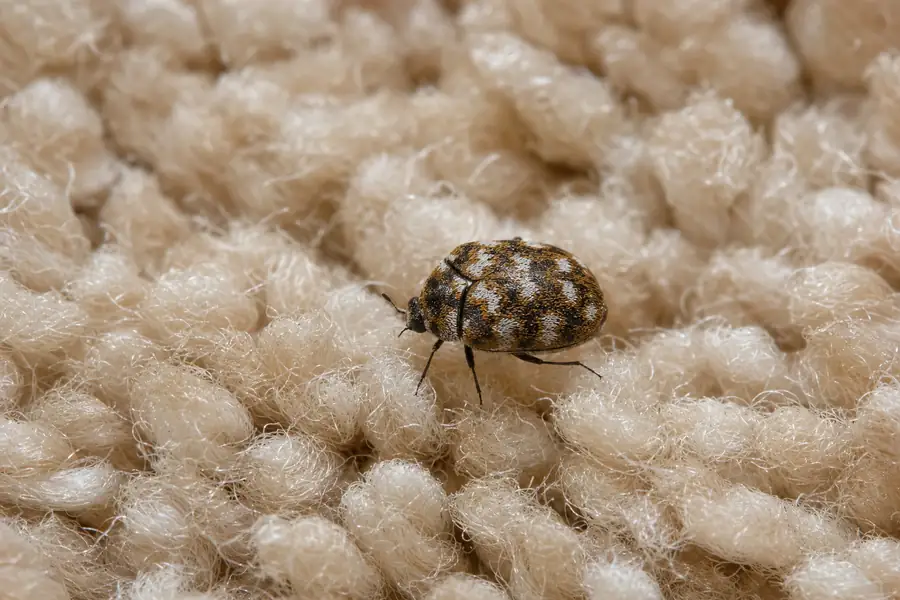 Macro shot of a small mottled carpet beetle crawling on beige carpet fibers