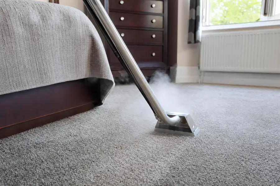 Steam cleaner passing over wall-to-wall bedroom carpet with fresh steam visible