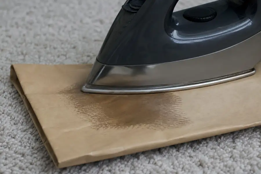 Iron pressing over a brown paper bag on carpet as melted wax lifts into the paper