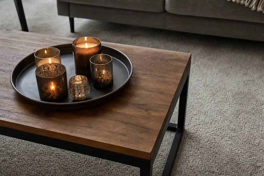 Lit candles safely arranged on a tray on a coffee table above clean carpet