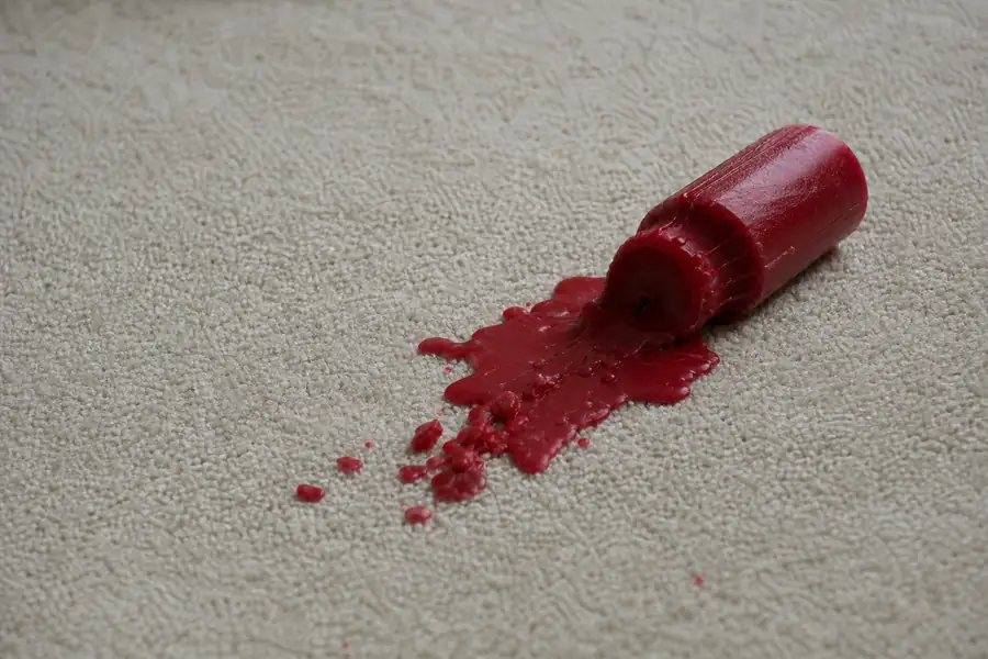 Red candle tipped over on cream carpet with hardened wax drips