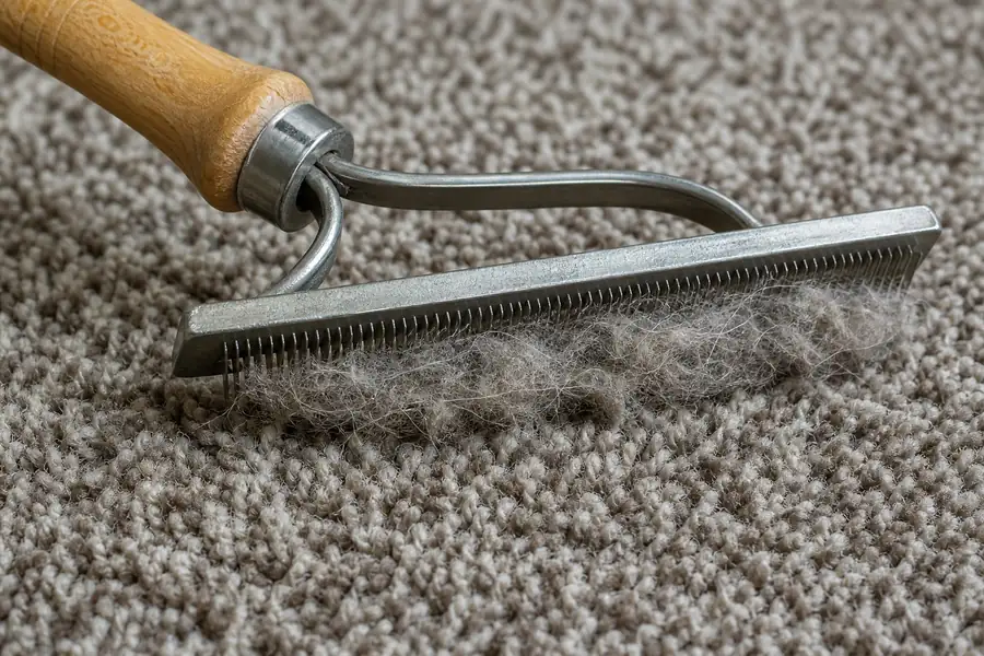 Of a carpet rake lifting embedded fur from dense carpet pile