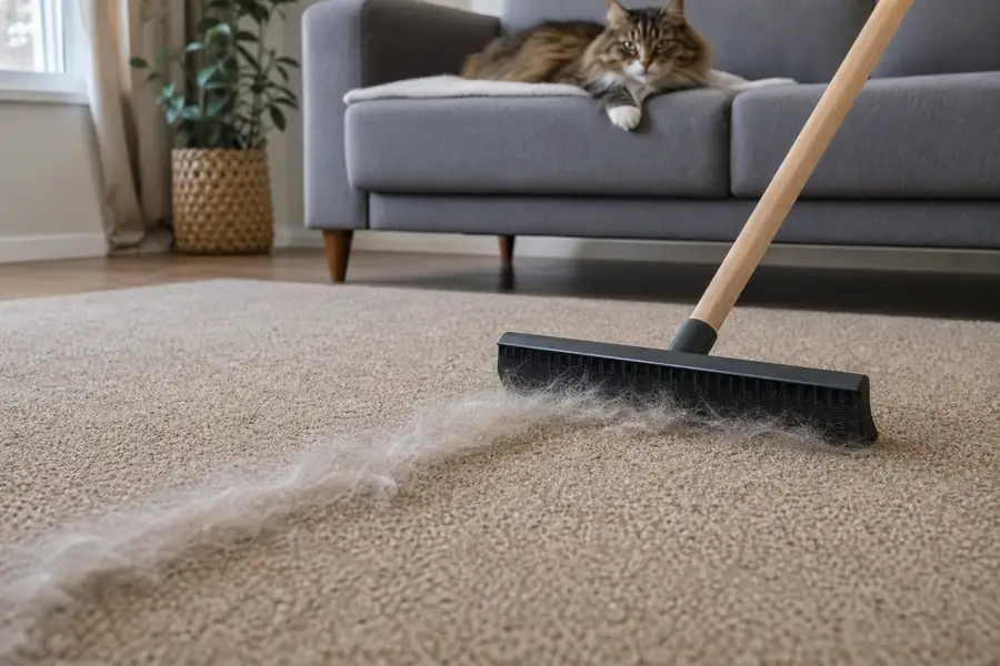 Rubber broom pulling a strip of pet hair out of beige carpet while a cat watches from the sofa