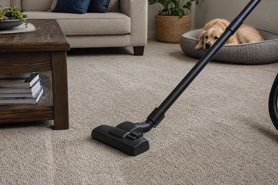 Vacuum making slow overlapping passes across carpet in a pet-friendly living room with a dog on its bed