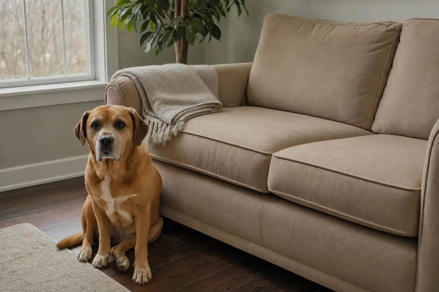 Hair-free clean couch with a folded throw blanket and a dog sitting on the floor beside it